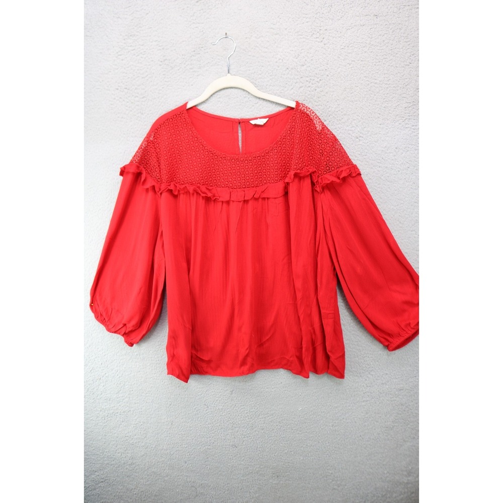 Red 3/4 Puff Sleeve Crochet Ruffle Flowy Top-Size 26/28W-Holiday-Minimalist